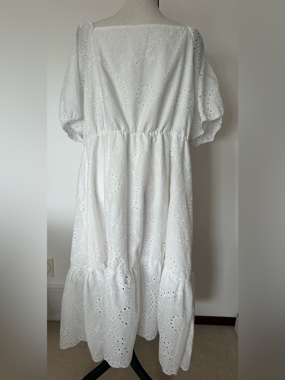 Cottagecore Boho White Eyelet Midi Maxi Dress Puff Sleeve Coastal Praire Modest - Picture 8 of 14